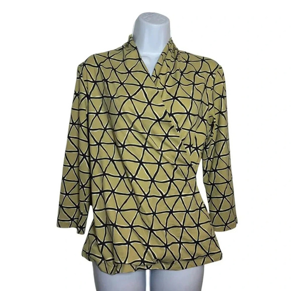 J. McLaughlin Catalina Cloth mock Wrap top khaki black print size Large - Picture 8 of 8